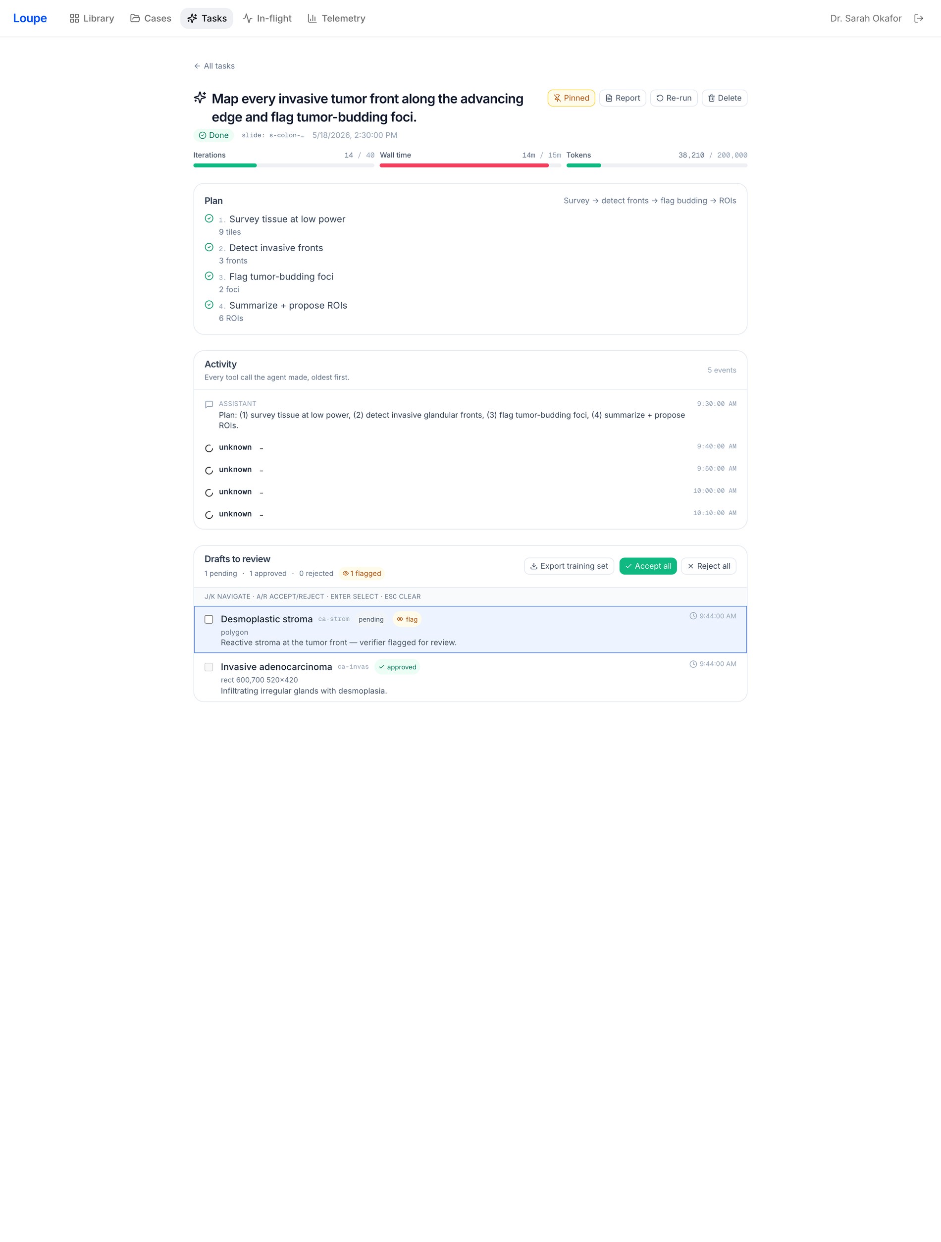 task detail · plan, activity, draft review